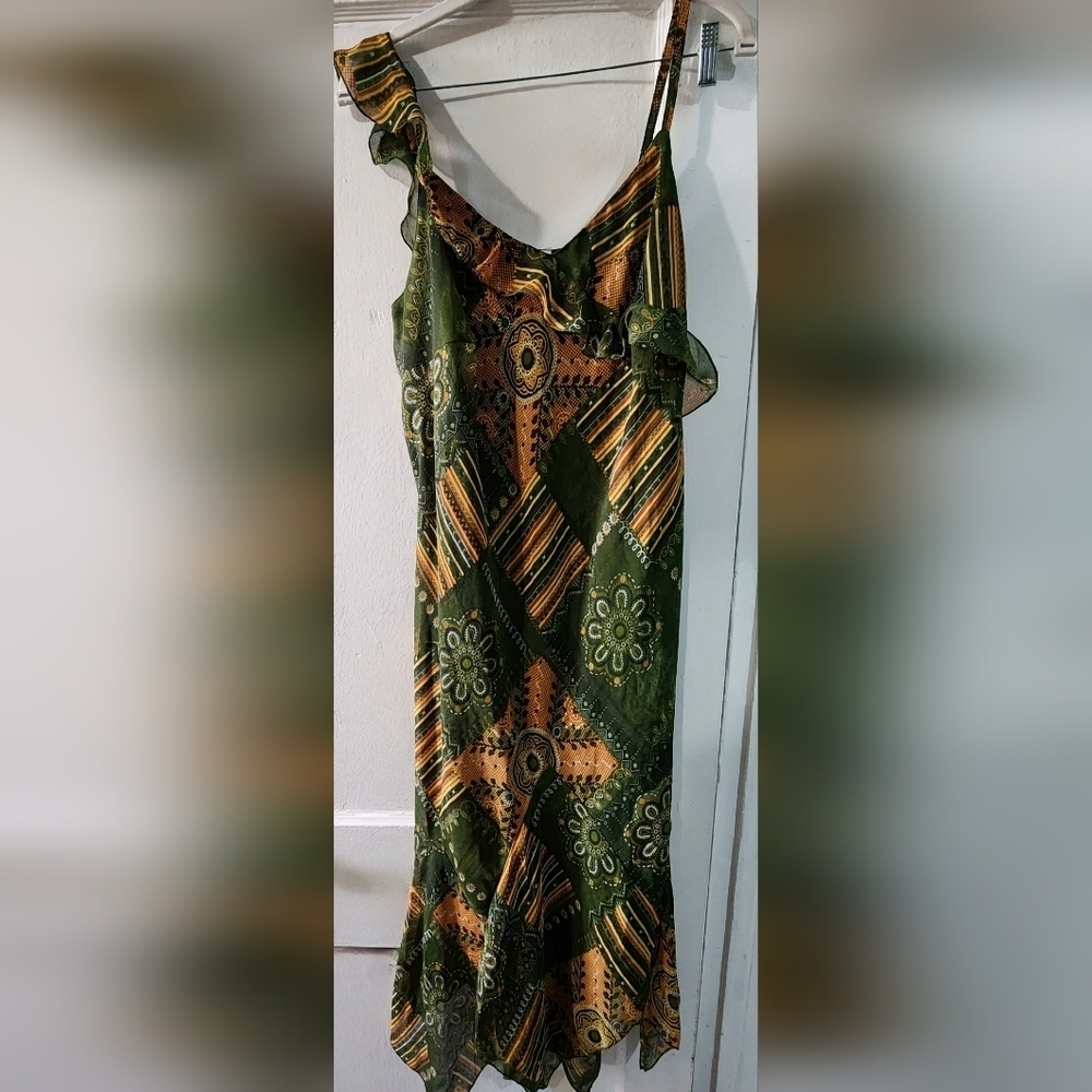 Olive Green & Orange Patchwork Asymmetrical Ruffle Dress - Picture 2 of 4